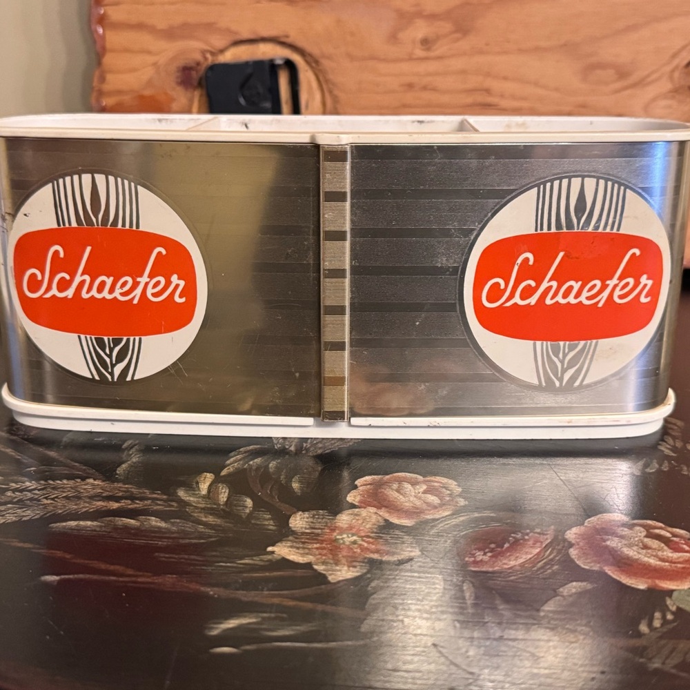 Vintage Schaefers Silver and White Beverage napkin / straw holder..Breweriana